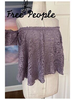 Free People Beach Eyelet Off Shoulder Crop Top Purple SMALL